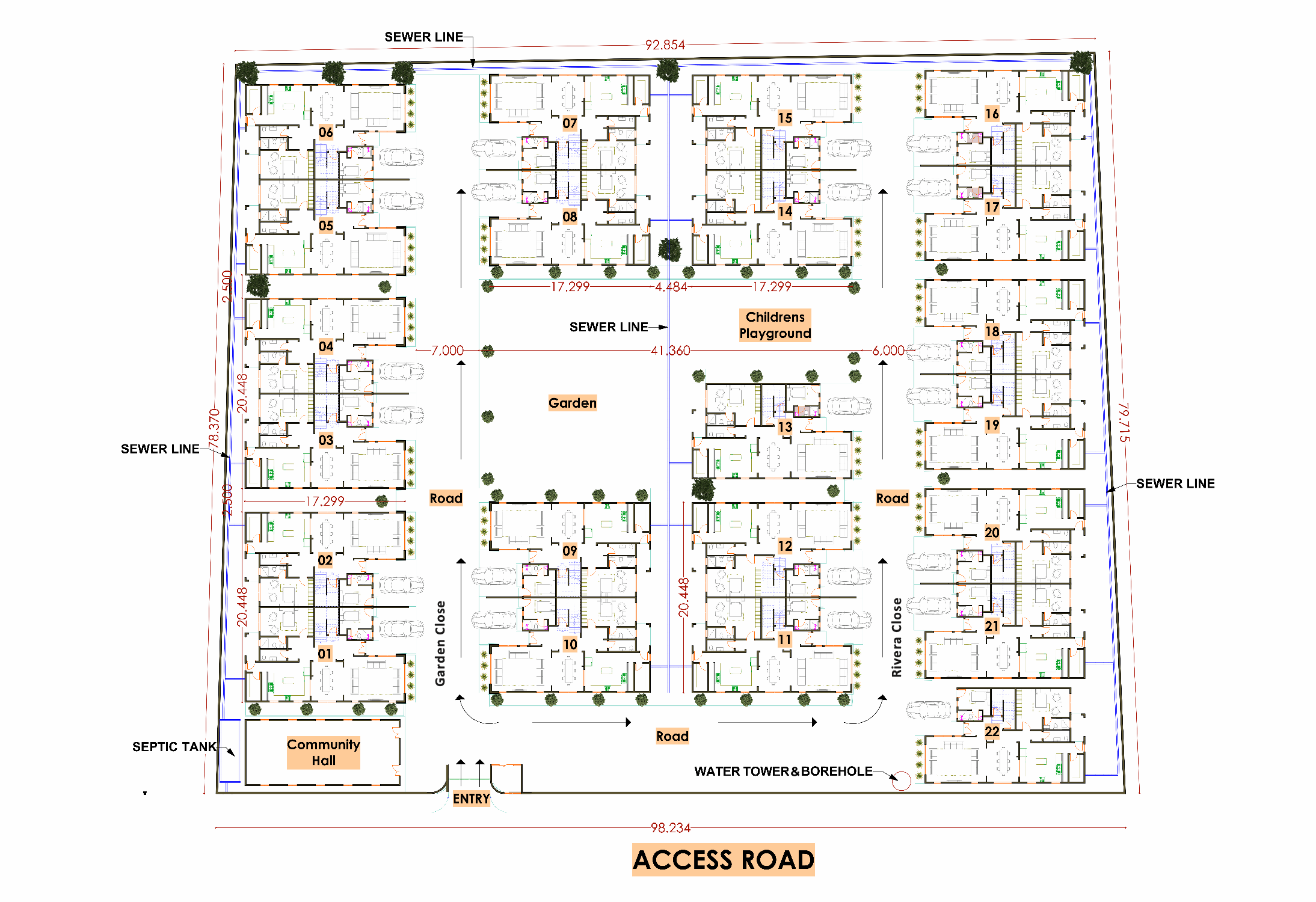 Katani Townhouses master site plan with unit numbers 1-22, roads, garden, and amenities